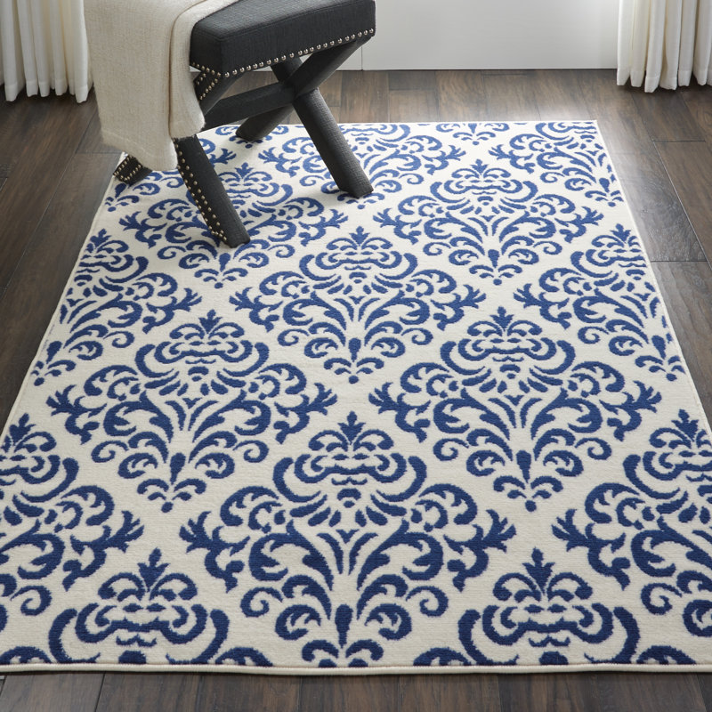 Florissant Damask White/Navy Blue Area Rug & Reviews Birch Lane